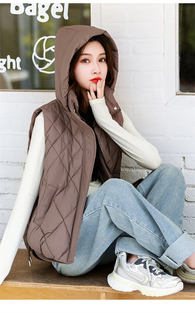 Korean Style Hooded Vest – Warm Down Cotton for Women